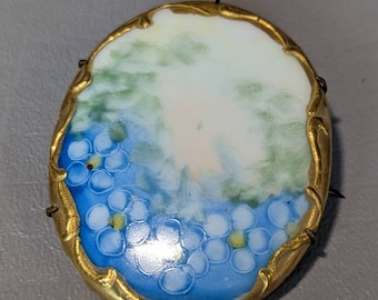 Victorian Hand Painted Porcelain Brooch-Antique Large Floral Brooch