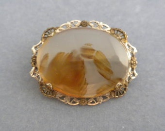 Antique Art Nouveau Fine Sterling Silver Moss Agate Brooch Pin