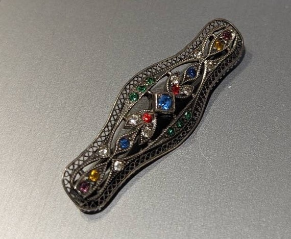 Art Deco Sterling Silver Multi Colored Paste Ston… - image 3