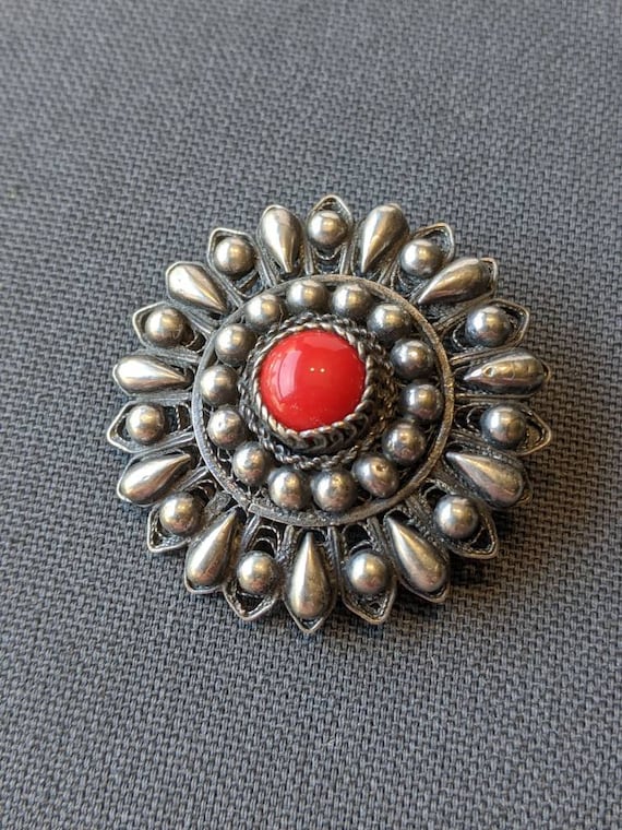 Antique Egyptian Sterling Silver Red Coral Brooch 