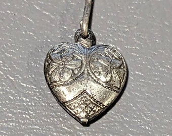 Victorian Puffy Heart Charm-Antique Sterling Silver Charm-Floral Them Charm