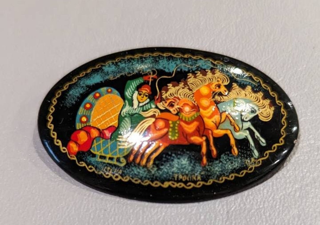 Russian Lacquer Troika Brooch-vintage Signed Russian Folk Art