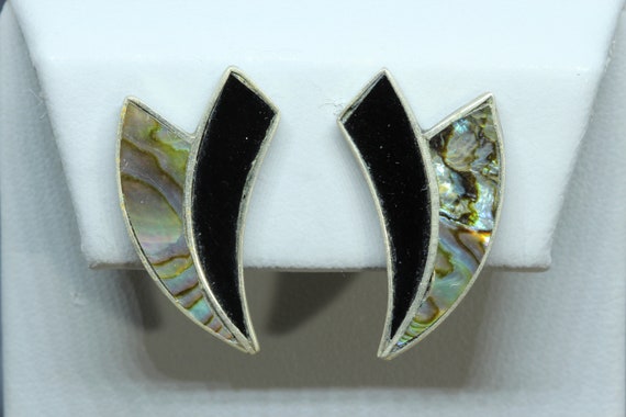 Vintage Mexico Sterling Silver Onyx & Abalone Inlay Earrings  display picture 1