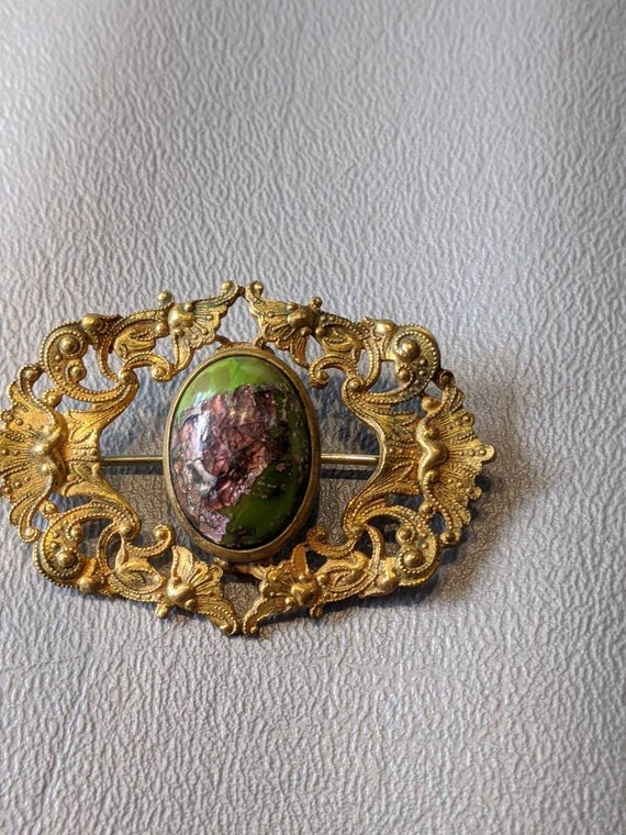 Victorian Art Glass Brooch Pin-Antique Foiled Art… - image 6