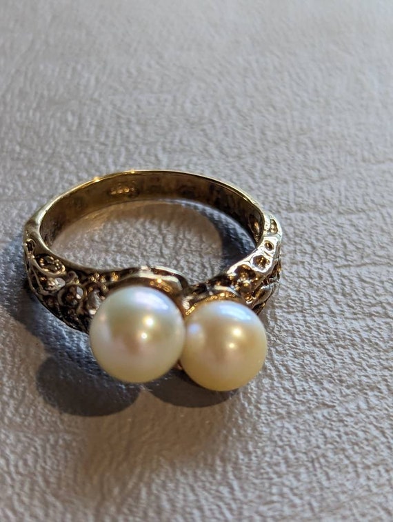 Brutalist Pearl Sterling Silver Ring-Vintage Gold… - image 1