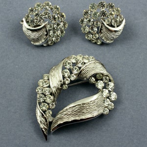 Vintage Crown Trifari Set- Rhinestone Brooch Earrings Demi Parure Signed Trafari image 2