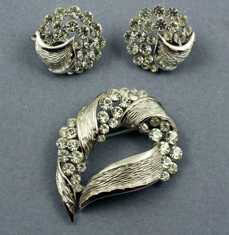 Vintage Crown Trifari Set- Rhinestone Brooch Earrings Demi Parure Signed Trafari image 2