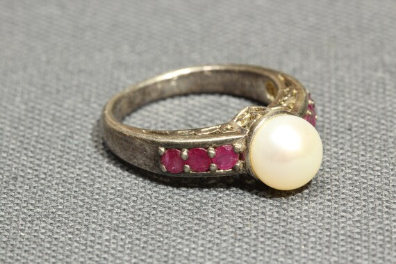 Sterling Silver Pearl Ruby Ring,Signed Designer V… - image 4