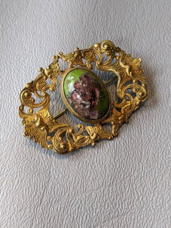 Victorian Art Glass Brooch Pin-Antique Foiled Art… - image 5