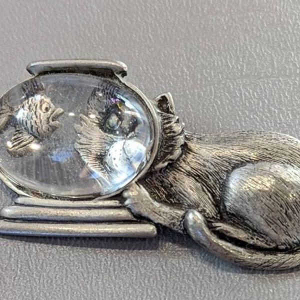 JJ Cat & Fishbowl Pewter Brooch Pin-Vintage 1980s Signed Jonette Cat Figural Jewelry