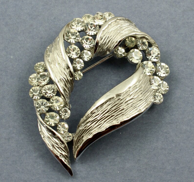 Vintage Crown Trifari Set- Rhinestone Brooch Earrings Demi Parure Signed Trafari image 3