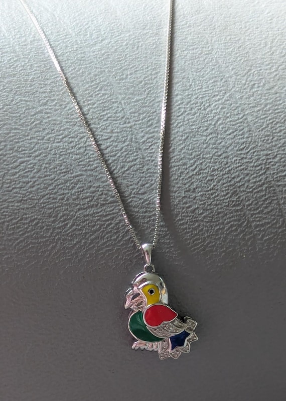 Jane Seymour Sterling Silver Diamond Enamel Parrot Pendant Necklace