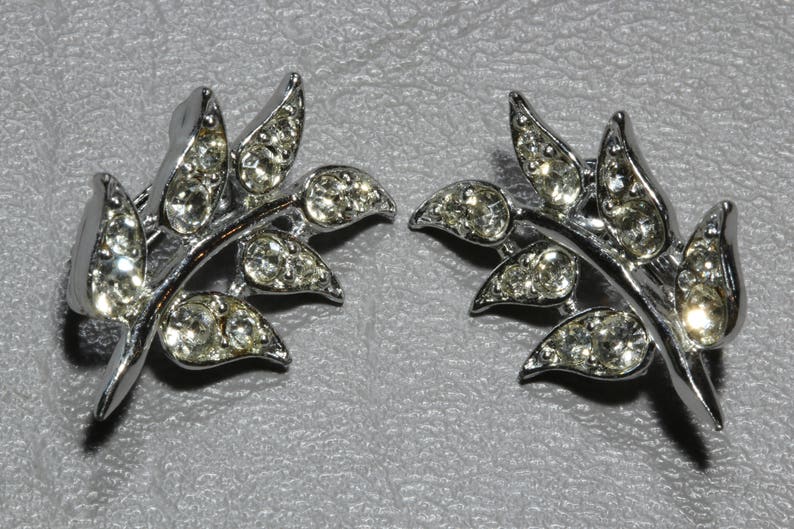 Vintage Sarah Coventry Rhinestone Earrings, Signed Sarah Coventry Silver Leaf Figural Earrings 1960s image 5