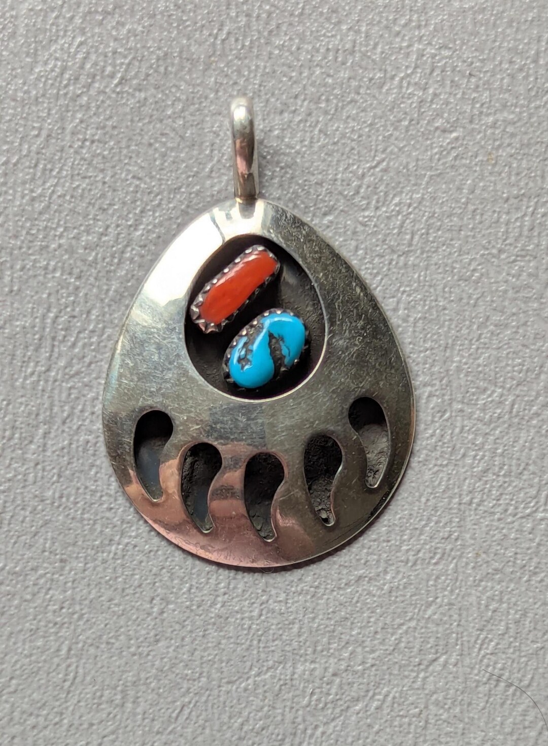 Navajo Turquoise & Coral Sterling Silver Bear Claw Pendant Vintage - Etsy