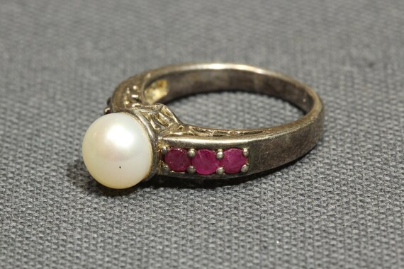 Sterling Silver Pearl Ruby Ring,Signed Designer V… - image 3
