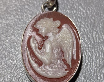 Vintage Sterling Silver Carved Shell Angel Cameo Pendant