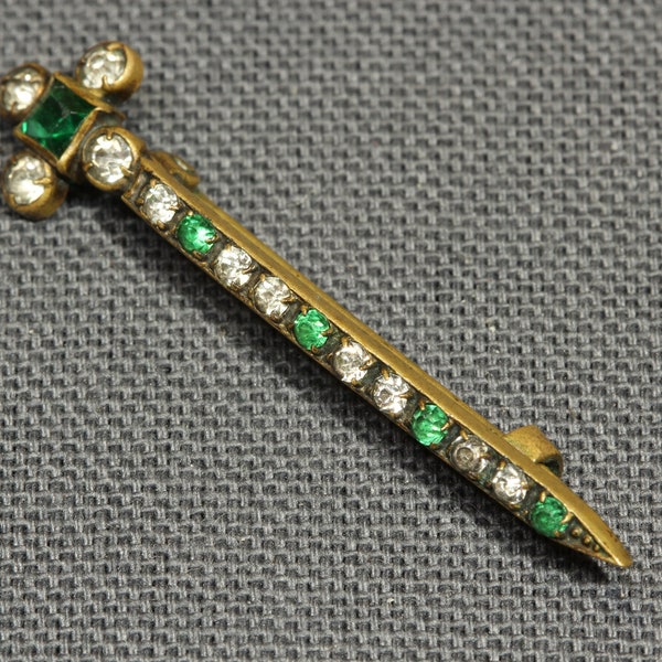 Antique Halley's Comet Emerald Diamond Paste Bar Pin Brooch,Gold Gilt 1800s Jewelry