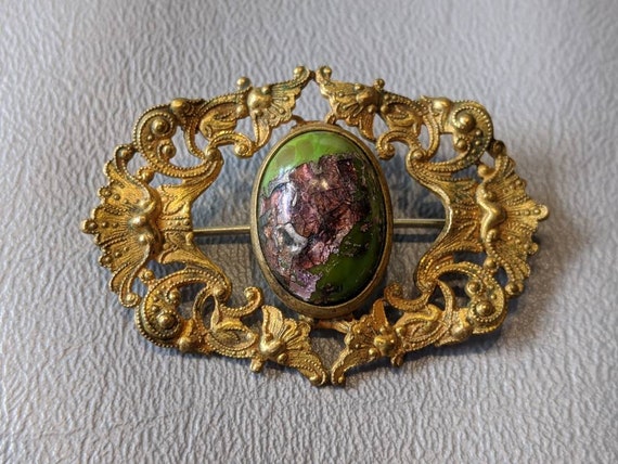 Victorian Art Glass Brooch Pin-Antique Foiled Art… - image 1