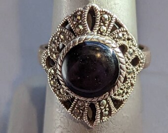 Sterling Silver Onyx Marcasite Ring-Art Deco Style 925 Ring-Vintage Ring