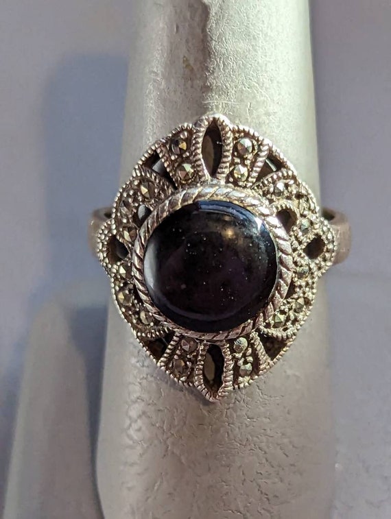 スターリングシルバー オニキス マーカサイト リング - アールデコ