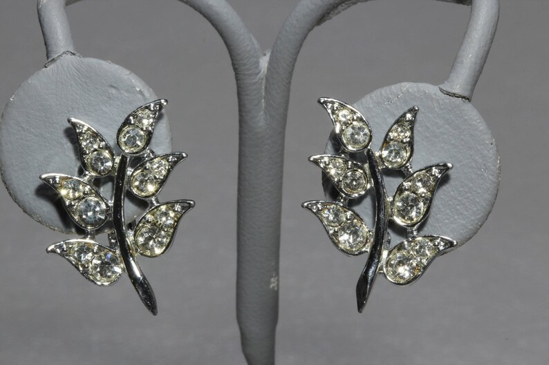 Vintage Sarah Coventry Rhinestone Earrings, Signed Sarah Coventry Silver Leaf Figural Earrings 1960s image 2