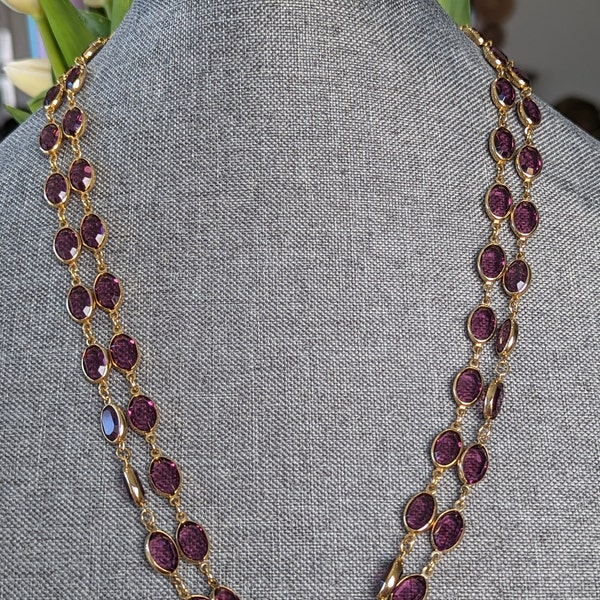 Vintage Swarovski Purple Crystal Open Backed Oval Cut Bezel Necklace-50" Long Single Strand Necklace-Austrian Crystals-Gifts for Women