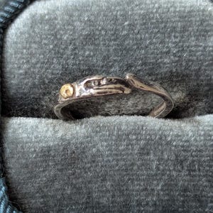 May include: A silver ring featuring a textured, organic band with a small, circular gold-toned accent embedded on one side. The ring has a slightly uneven, hand-crafted appearance and is presented in a dark gray velvet-lined jewelry box.