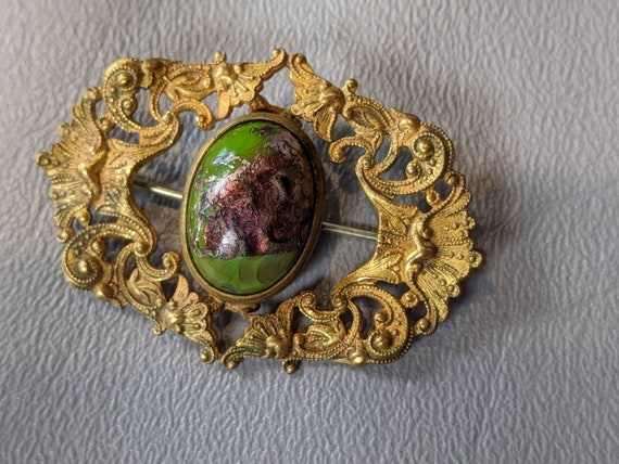 Victorian Art Glass Brooch Pin-Antique Foiled Art… - image 3