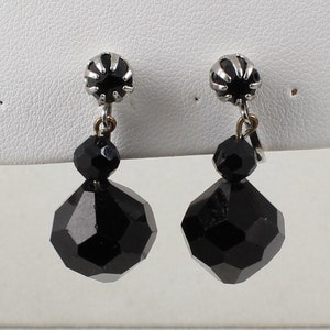Signed Laguna Black Crystal Bead Drop Dangle Earrings-Vintage Costume Designer Jewelry