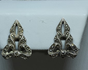 Art Deco Marcasite Sterling Silver Earrings-Vintage 1930s Fine Clip Back Earrings