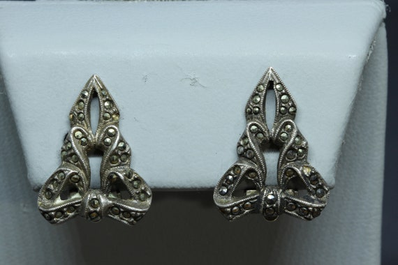 Art Deco Marcasite Sterling Silver Earrings-Vinta… - image 1