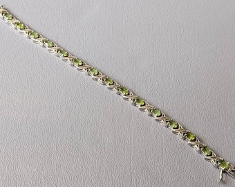 Peridot Gemstone Sterling Silver Bracelet-Signed Designer HAN Link Tennis Bracelet-August Birthstone