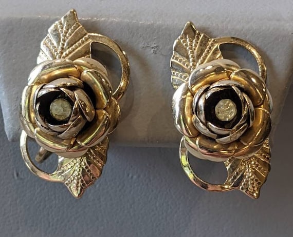 Vintage Gold Filled Rose Screwback Rhinestone Ear… - image 1