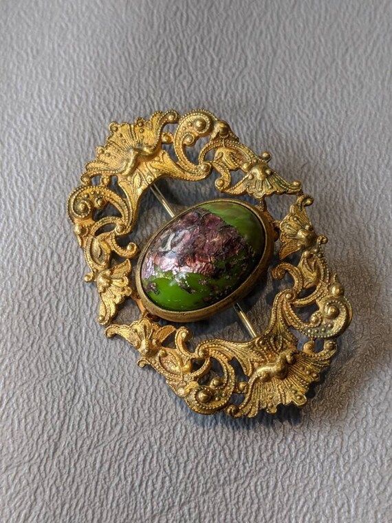 Victorian Art Glass Brooch Pin-Antique Foiled Art… - image 4