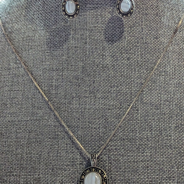 Ensemble de bijoux en agate en argent sterling italien, collier Demi Parure de créateur signé avec boucles d'oreilles