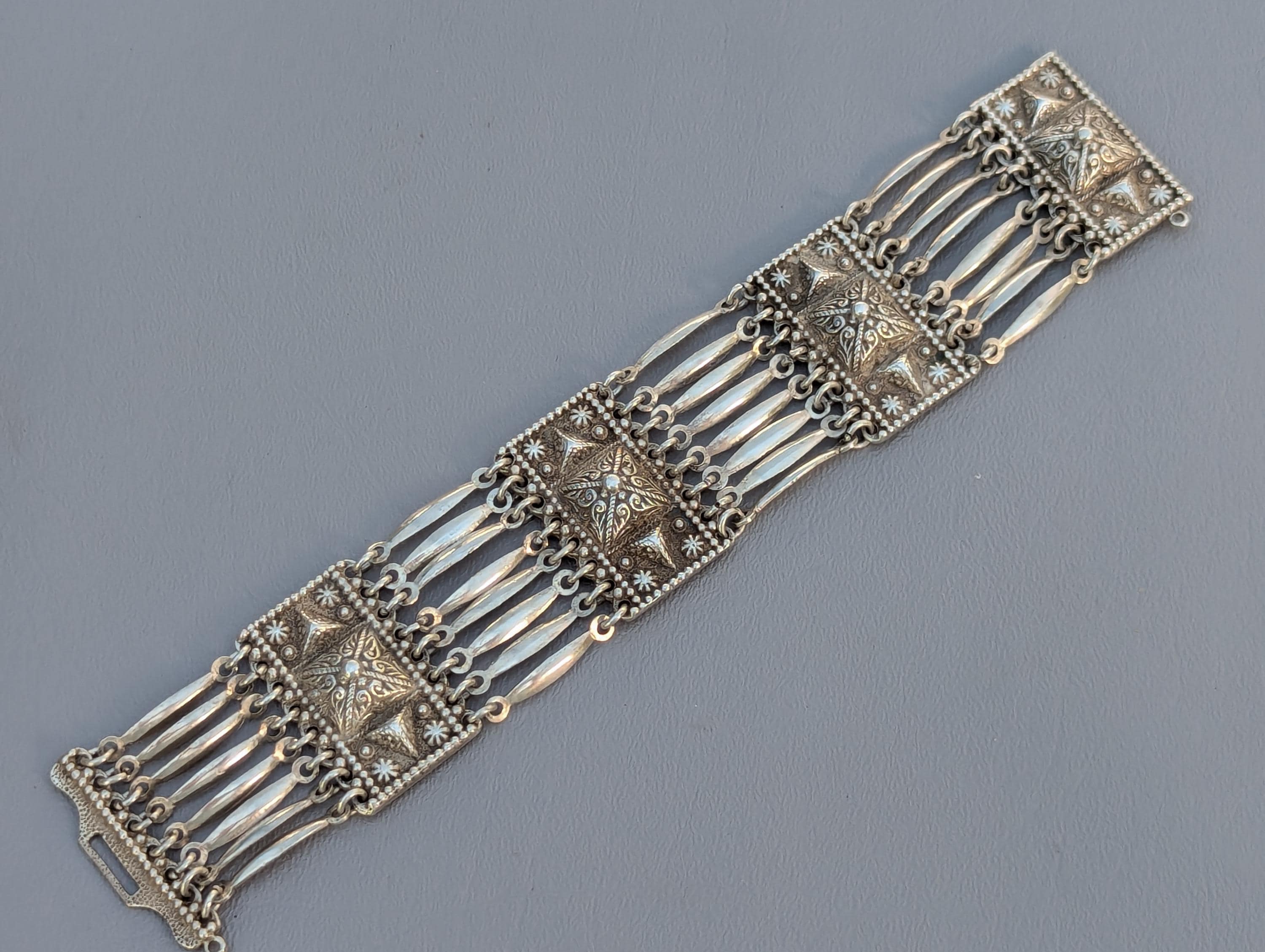Mexico 925 Sterling Silver Panel Link Tribal Bracelet Vintage - Gifts For Women