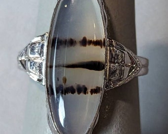 Art Deco Agate Ring-Antique Clarks & Coombs Moss Agate Sterling Silver 1930s Ring