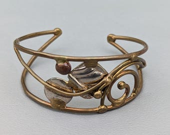 1970s Hand Forged Brutalist Mixed Metals Copper Brass Cuff Bracelet