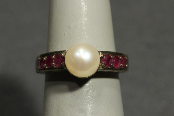 Sterling Silver Pearl Ruby Ring,Signed Designer V… - image 1