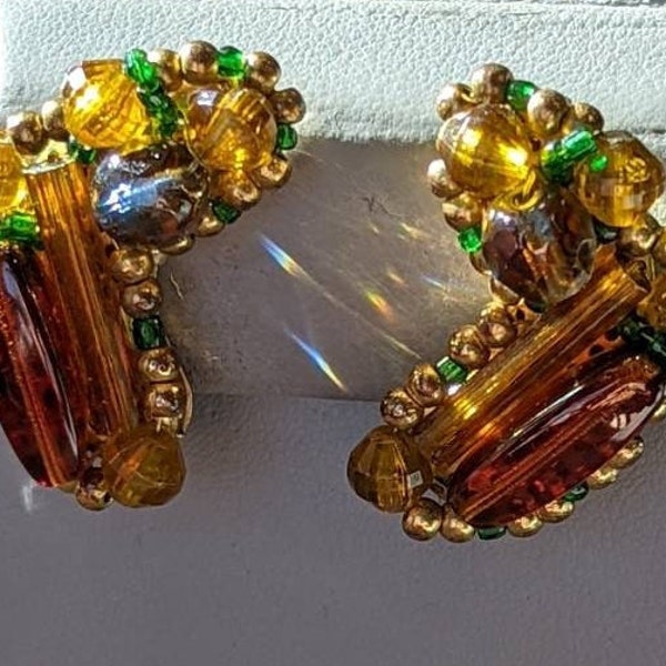 Vintage HOBE Saphiret Earrings-Signed Art Glass Beaded Clip Backs