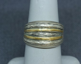 Sterling Silver Modernist Ring-Fine Vintage Ring-Gold Vermeil Accents-Fine Jewelry-Sterling Silver Wide Band Ring