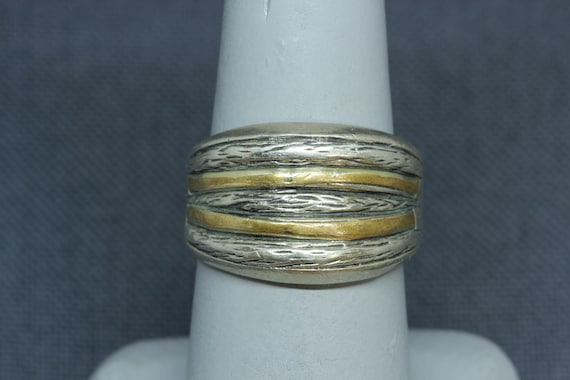 Sterling Silver Modernist Ring-Fine Vintage Ring-Gold Vermeil Accents-Fine Jewelry-Sterling Silver Wide Band Ring