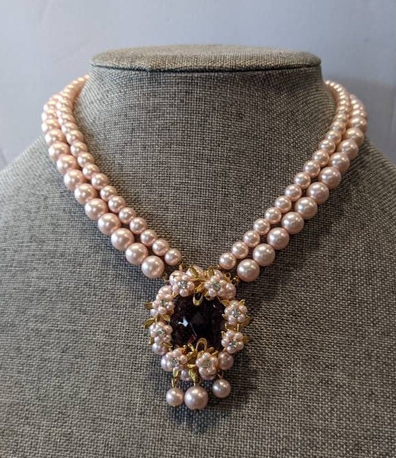 Miriam Haskell Vintage Necklace with Rhinestones & Faux Pearls