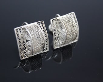 Vintage 1940s Mexico Sterling Silver Earrings, Mexican Silver Jewelry, Filigree Earrings