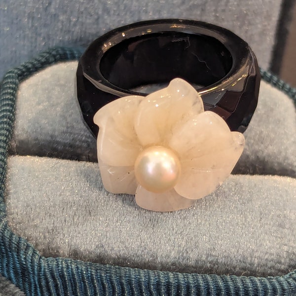 White Jade Pearl Flower Ring-Carved Vintage White & Black Jade Jewelry-Gift For Women