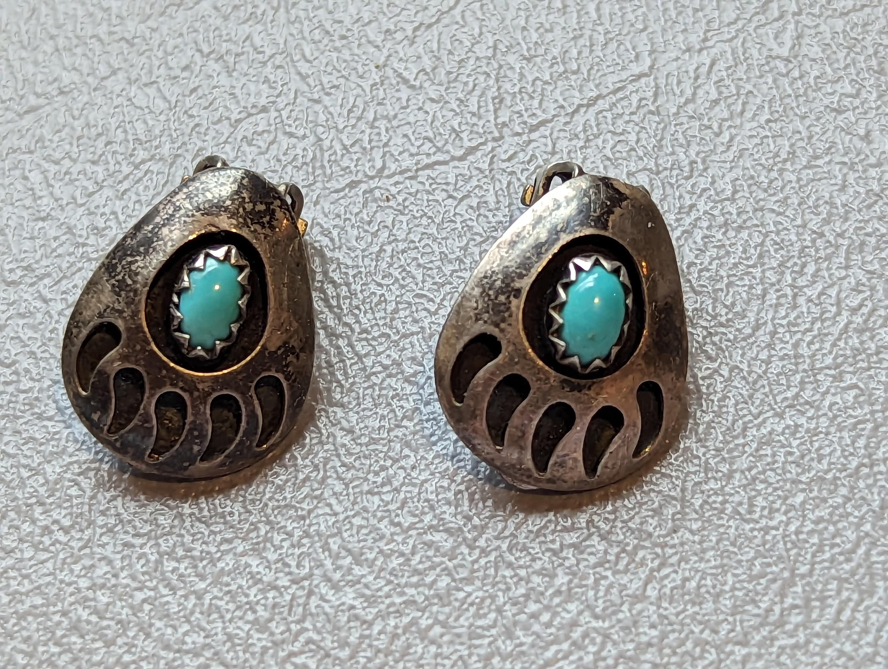 Navajo Bear Claw Earrings-vintage Sterling Silver Turquoise Earrings ...