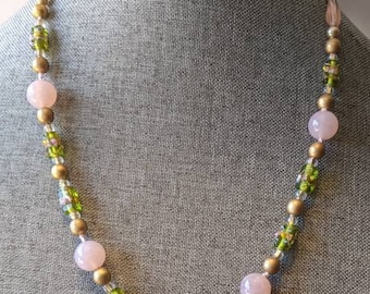 Vintage Italian Wedding Cake Venetian Rose Quartz Bead Necklace-Murano Glass Beads-Fiorato & Gemstone Necklace