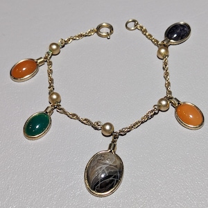 Vintage Scarab Bracelet - Retro 12k Gold Filled Carved Gemstones - Egyptian Revival 1950s Fine Jewelry