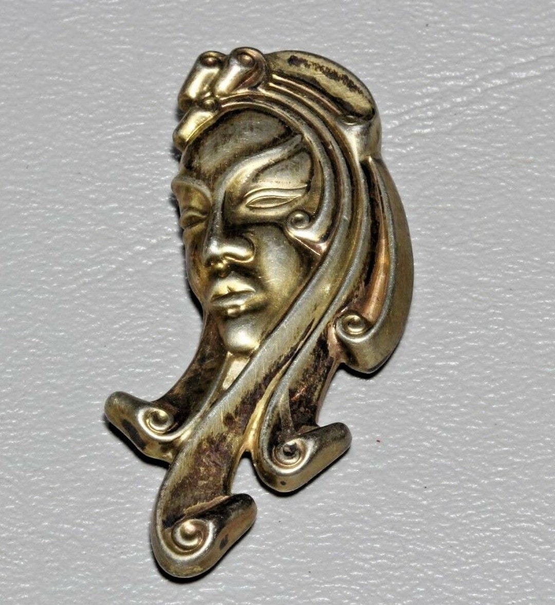 80s USA製　pin head アートレザーケース付き　オブジェ　プロダクト Art Deco 1930s Evans Case Sterling Silver Asian Lady Head Fur Clip