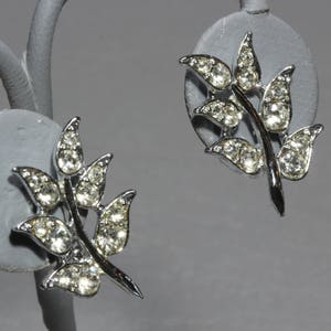 Vintage Sarah Coventry Rhinestone Earrings, Signed Sarah Coventry Silver Leaf Figural Earrings 1960s image 3